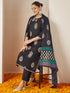 Janasya Women's Black Rayon Floral Gold Printed Straight Kurta Set